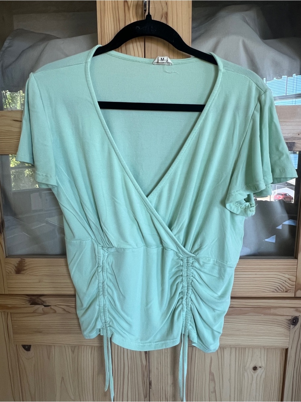POL Mint Green Wrap-Front Ruched Drawstring Blouse